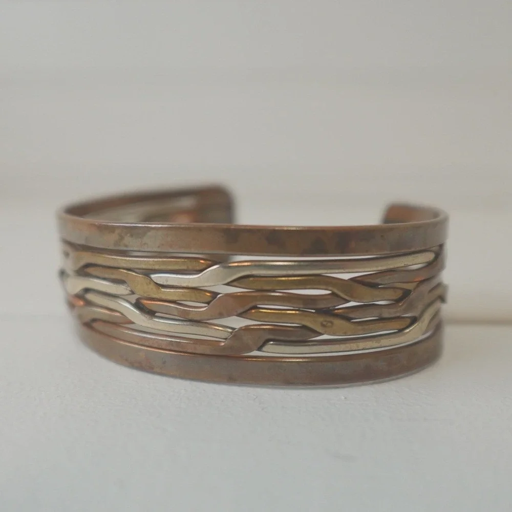 Vintage Multi-Strand Mixed-Metal Copper Cuff Bracelet Layered Wave Wire Unisex